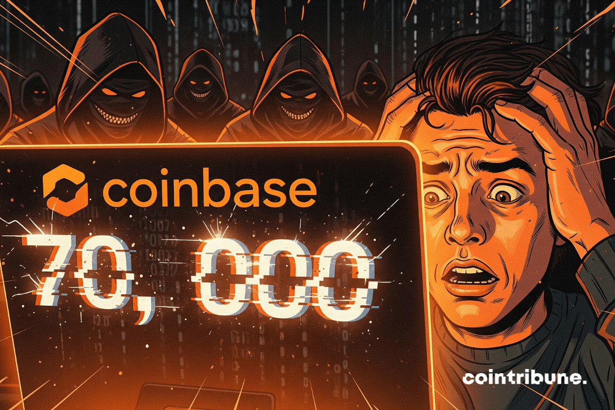 Rosto chocado de um investidor de criptomoedas ao ver a tela da Coinbase exibindo o número 70.000