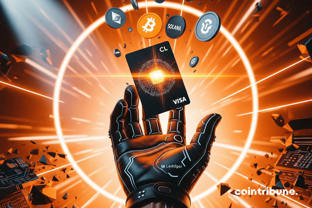 Mão heroica segurando um cartão criptográfico