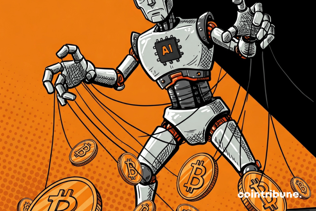 Una IA gigante que tira de cables vinculados a criptomonedas flotantes