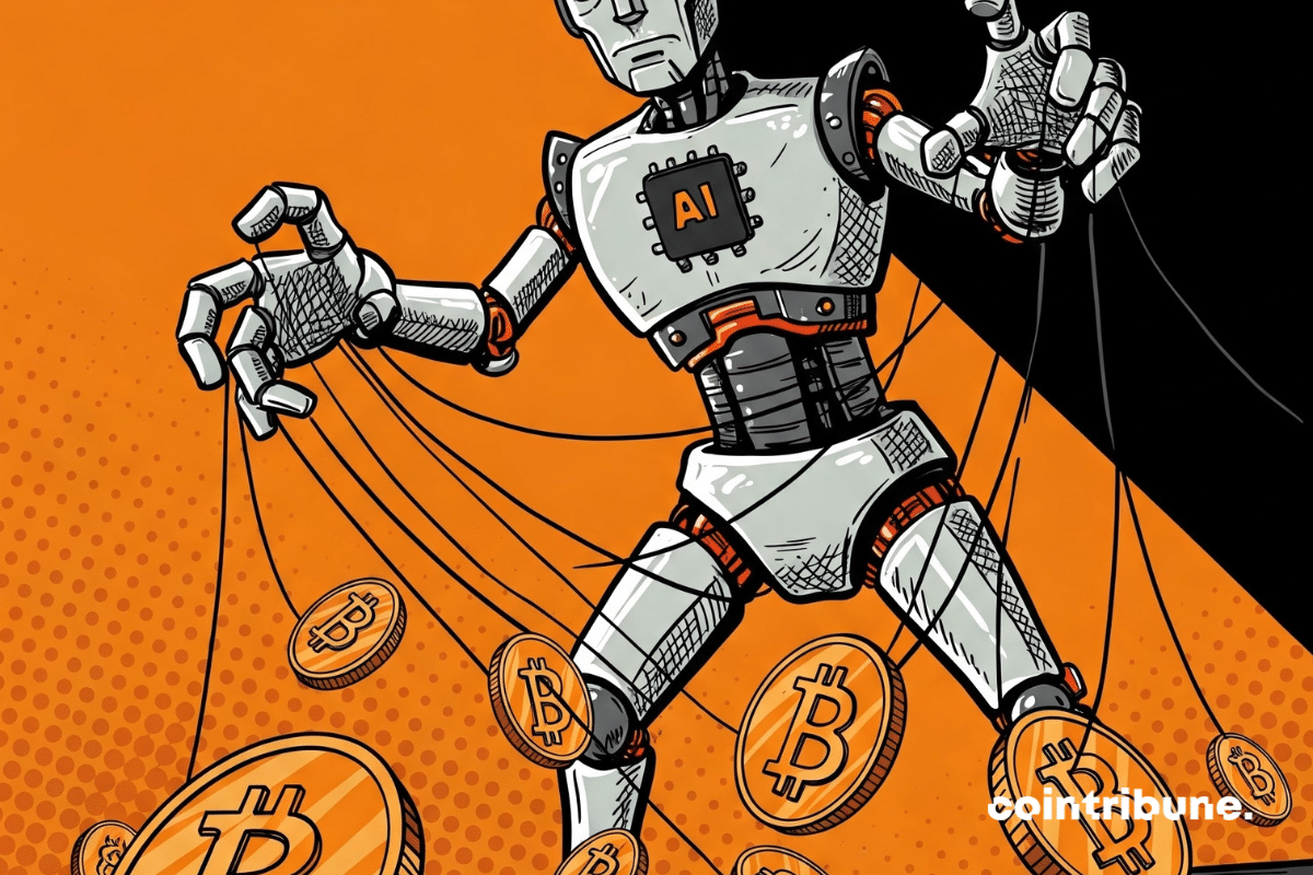 IA gigante puxando fios ligados a criptomoedas flutuantes