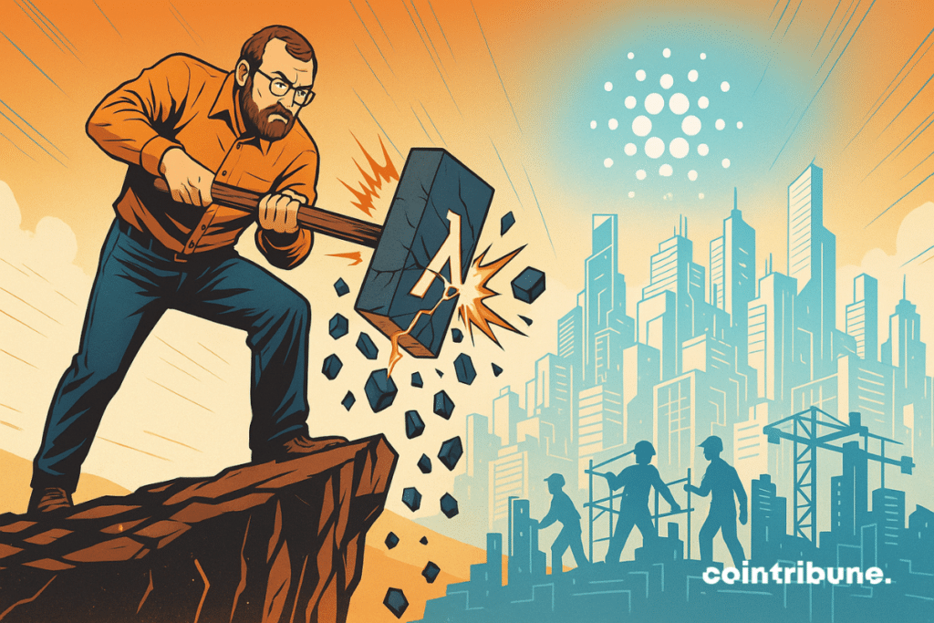 Charles Hoskinson rompe el antiguo código de Cardano, simbolizando un cambio audaz hacia la innovación criptográfica.