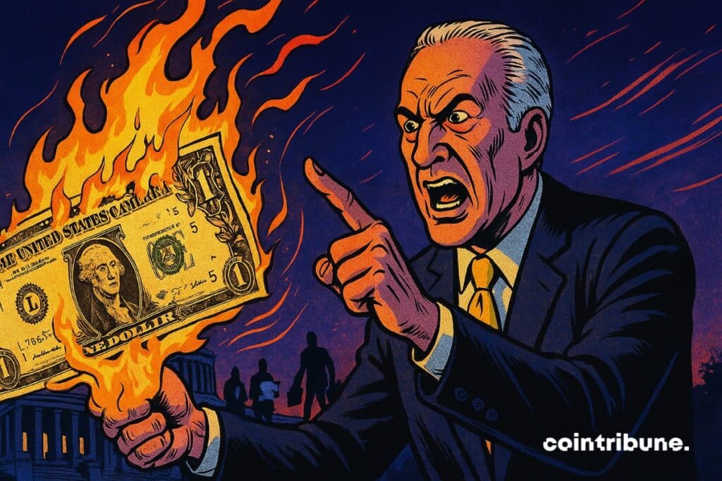 Peter Schiff segurando uma nota de dólar em chamas.