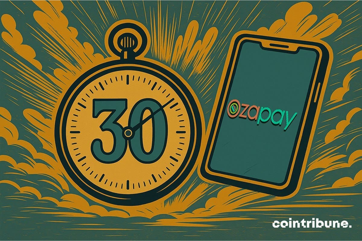A large stopwatch displaying the number 30 is surrounded by bursts of color, next to a smartphone showing the Ozapay logo, suggesting quick crypto gains.