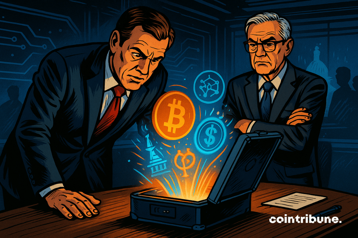 Dos tomadores de decisiones observan la tokenización de monedas emergentes a través de una bóveda digital futurista