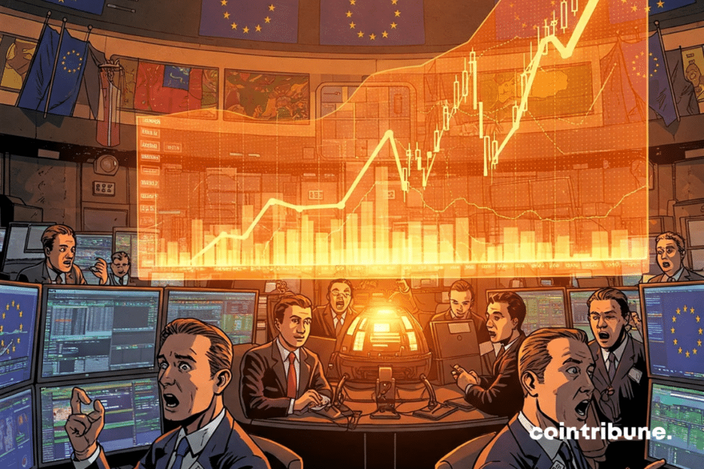 Bolsa de valores na Europa com atmosfera eletrizante e personagens reagindo a uma ascensão meteórica em suas telas