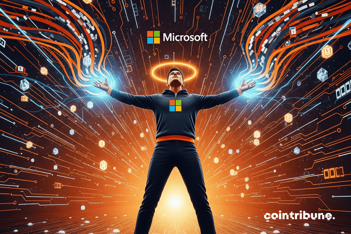 Um avatar estilizado da Microsoft, em pé no centro de um piso digital com padrão blockchain, com os braços abertos