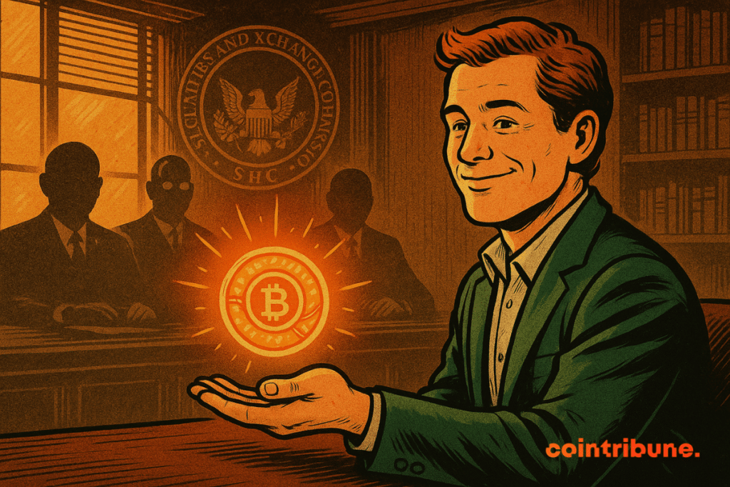 Un hombre seguro de sí mismo, vestido de traje, presenta un token de Bitcoin brillante en una sala de reuniones, con funcionarios de la SEC y el sello oficial en el fondo.