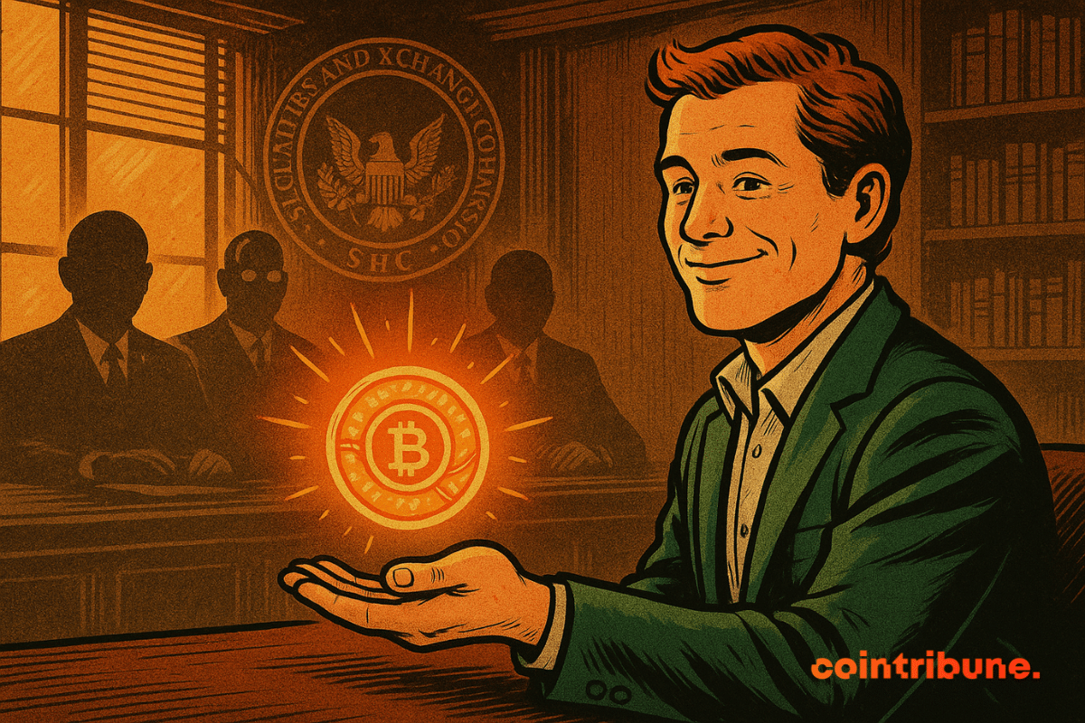 Um homem confiante de terno apresenta um token Bitcoin brilhante em uma sala de reuniões, com funcionários da SEC e o selo oficial ao fundo.