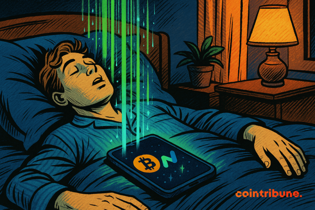 Um homem dorme pacificamente na cama com um telefone brilhante no peito exibindo Bitcoin e o logotipo da Runbot, enquanto raios de luz verde fluem em sua direção vindos de cima.