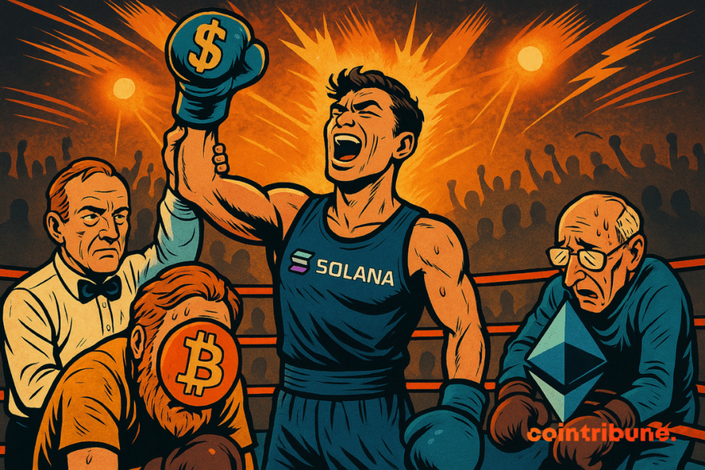 En un ring de boxeo, un triunfante peleador de Solana levanta un puño enguantado con un signo de dólar, mientras exhaustos Bitcoin y Ethereum se inclinan ante los ojos del público y un árbitro.