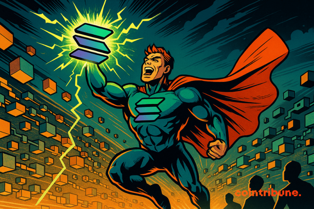 A powerful superhero in a blue and orange costume, sporting the Solana logo on his chest and wielding a glowing symbol, flies heroically through a universe filled with digital blocks and energy.