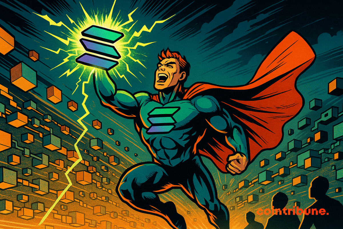 Um poderoso super-herói em um traje azul e laranja, ostentando o logotipo de Solana no peito e empunhando um símbolo brilhante, voa heroicamente por um universo cheio de blocos digitais e energia.