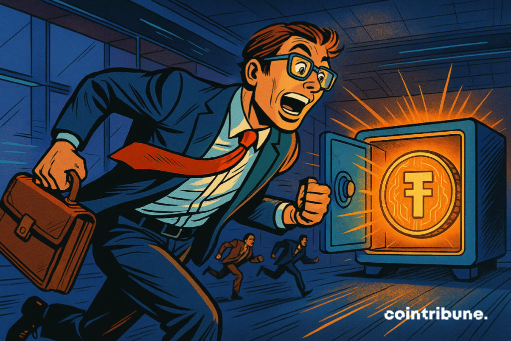 Um investidor americano em criptomoedas, vestindo um terno justo, usando óculos técnicos e segurando uma maleta. Inclinando-se para frente, correndo em direção a um cofre digital aberto cheio de stablecoins.