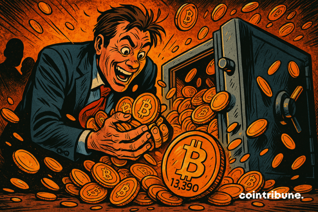 Saylor de Strategy em um terno escuro (tipo executivo), cabelo desgrenhado, olhos brilhantes, inclinado para o interior do cofre, pegando freneticamente bitcoin com as duas mãos.
