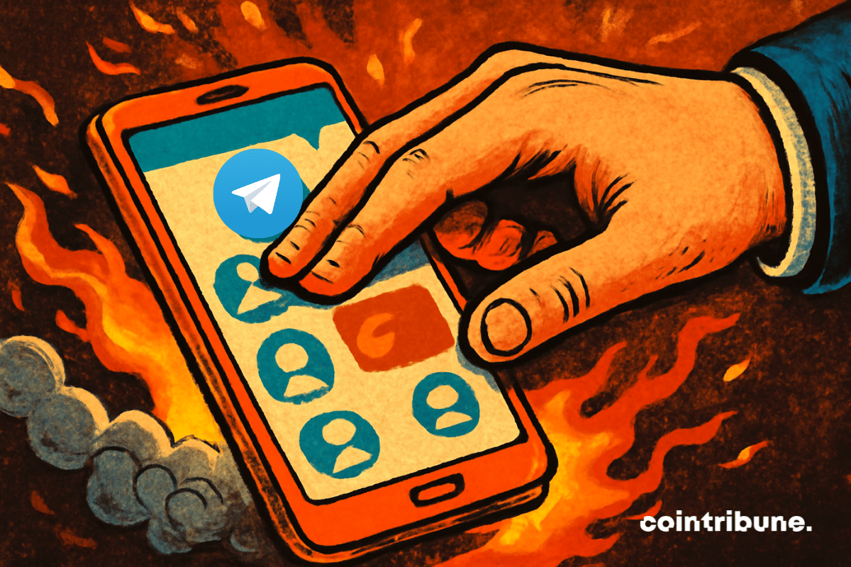 Close-up de um smartphone com uma tela exibindo uma interface do Telegram excluindo contas.