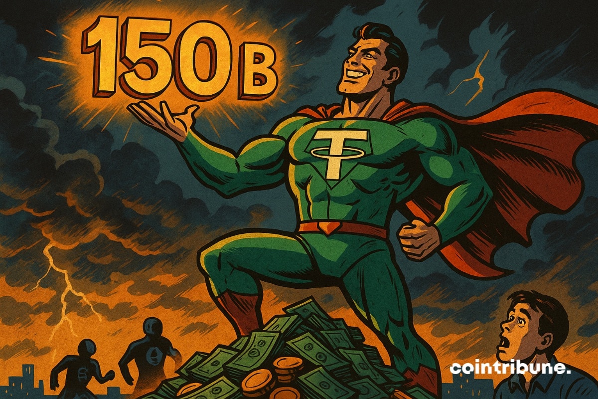 Um super-herói do Tether em uma pose heroica em uma pilha de notas com 150 bilhões brilhando em sua mão direita.