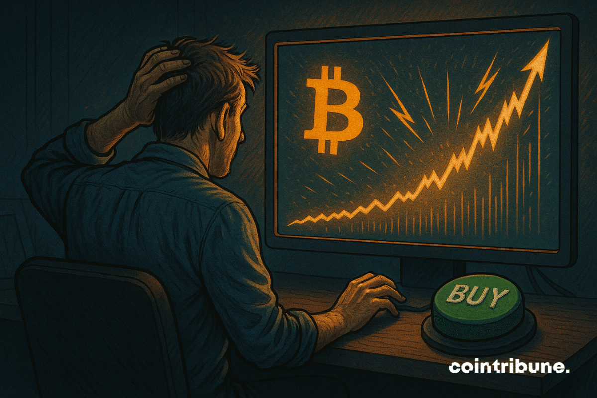 Um homem visto de trás, sentado em frente a uma tela de computador exibindo uma tendência ascendente espetacular do Bitcoin. Hesitante, ele coça a cabeça com a mão esquerda enquanto sua mão direita paira sobre um grande botão verde marcado "COMPRAR". A cena é banhada por uma luz dramática laranja e azul, enfatizando a tensão do momento.