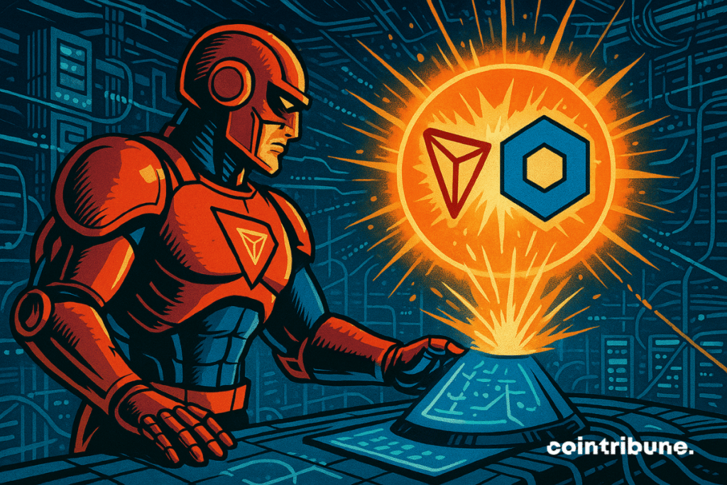 Un ingénieur cybernétique en armure TRON rouge activant une console holographique bleue (Chainlink).