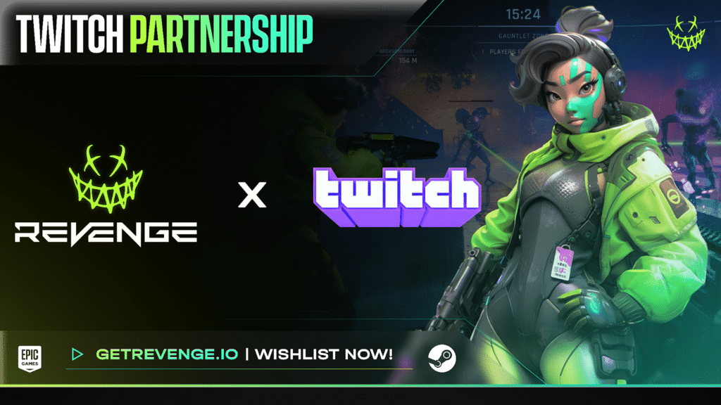 Un personaje futurista con una armadura y auriculares de color verde neón se encuentra frente al logotipo de Twitch y el mundo del juego "REVENGE", que representa la revolución de los juegos interactivos.
