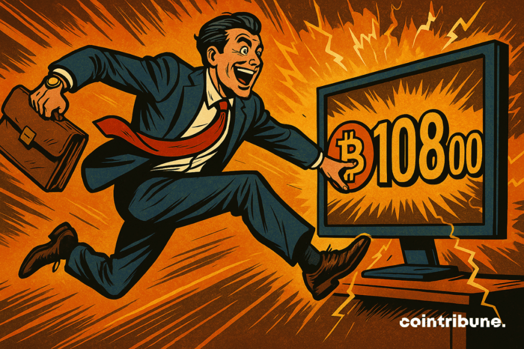 Ilustração de um empresário pulando com entusiasmo em direção a uma tela exibindo “₿ 108.000” e o logotipo do Bitcoin.