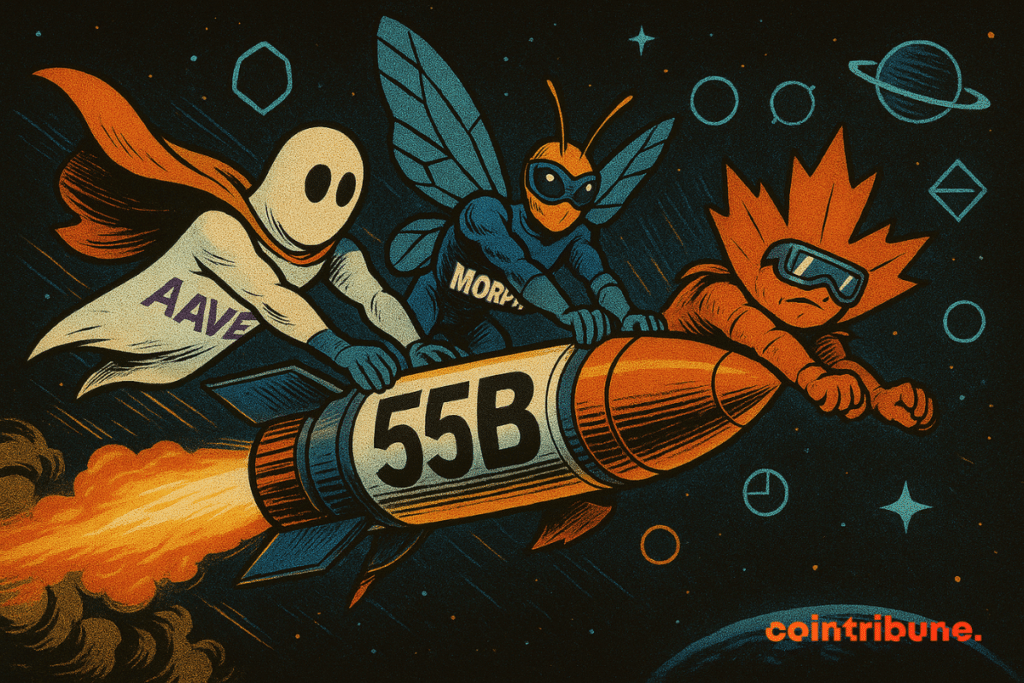 Tres figuras que representan a Aave, Morpho y Maple trayendo un cohete marcado con el número 55B de regreso al espacio.
