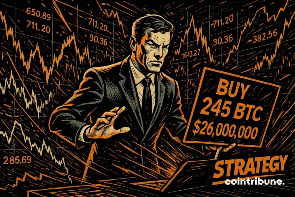 Investidor representando a Strategy manipulando uma tela onde está escrito 245 BTC, em um cenário de caos digital