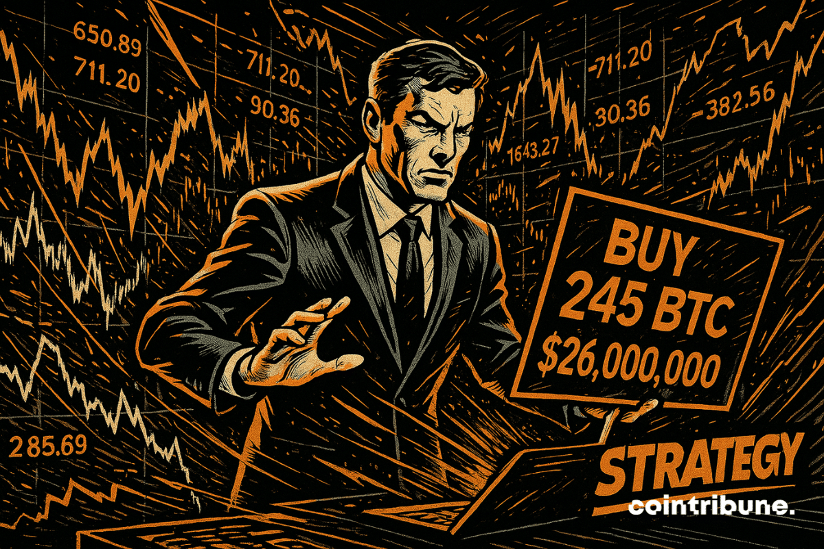 Investidor representando a Strategy manipulando uma tela onde está escrito 245 BTC, em um cenário de caos digital