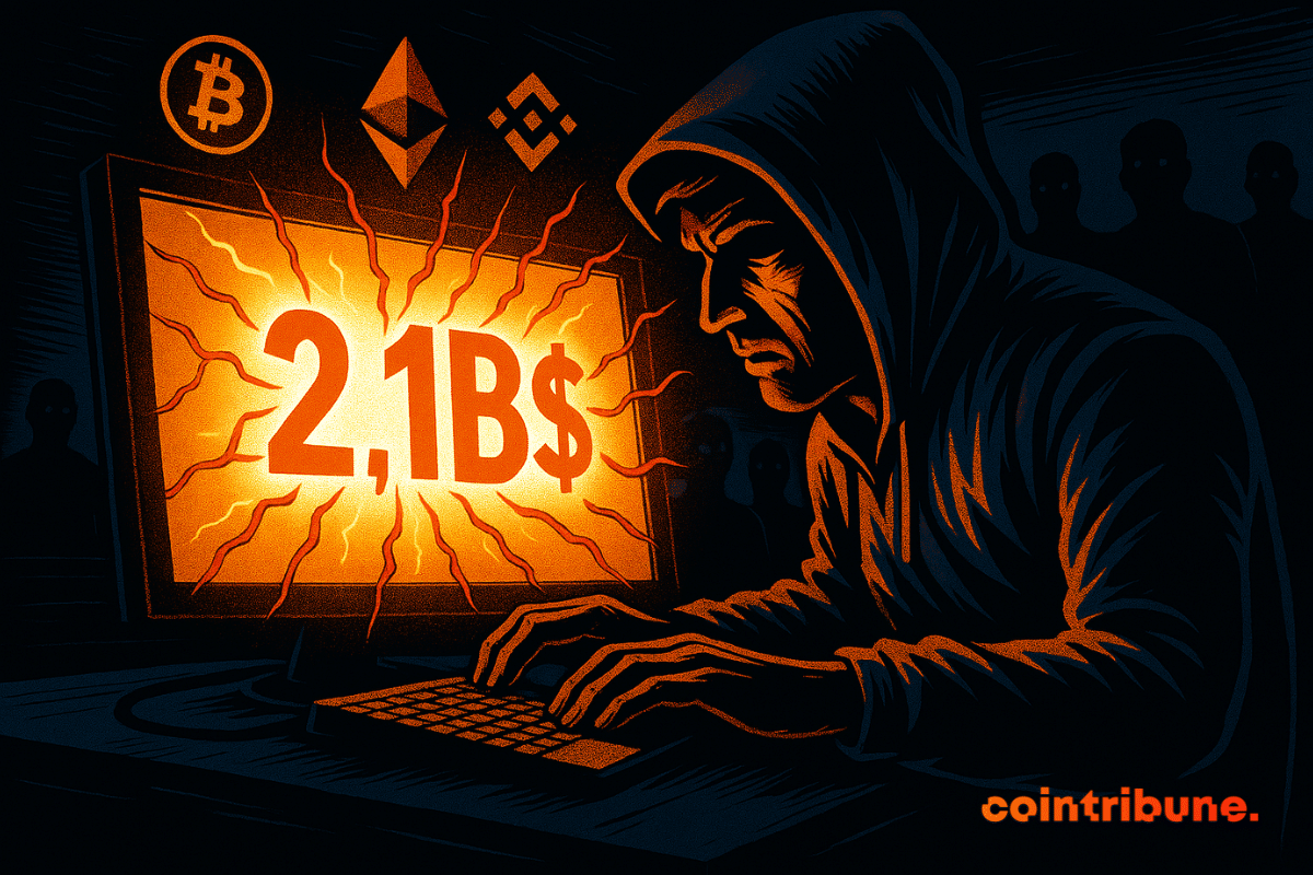 Um hacker mascarado em frente a uma tela exibindo "US$ 2,1 bilhões", com rachaduras e logotipos de criptomoedas populares ao fundo.