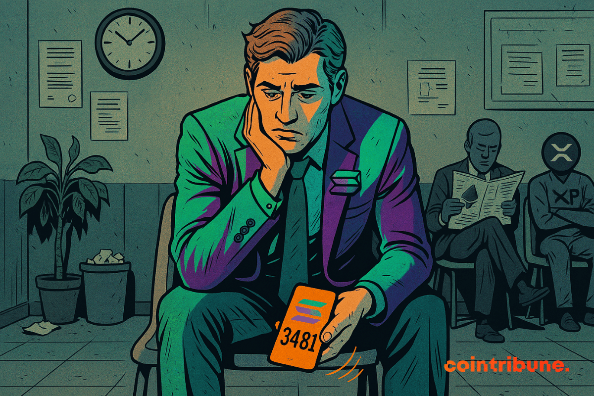 Salle d'attente où des demandeurs d'ETF Solana, Ethereum et XRP attendent leur tour
