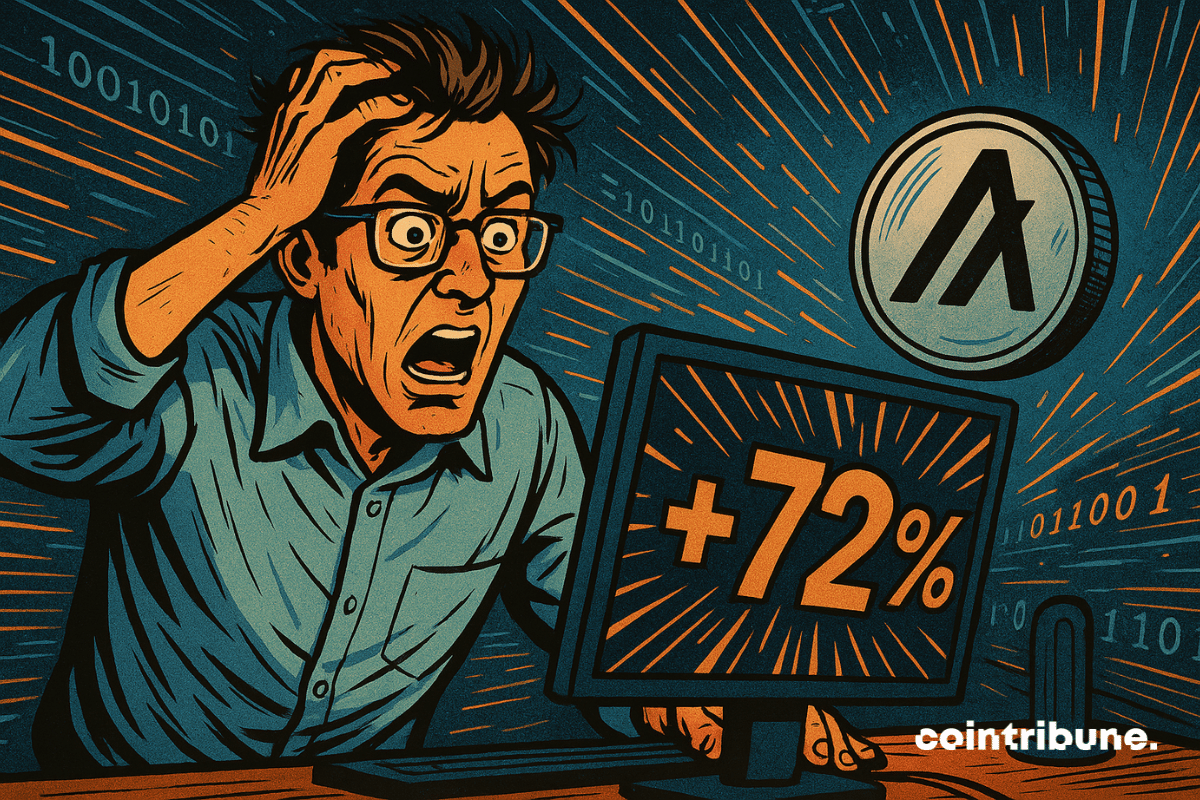 Um analista de criptomoedas olha fixamente para uma tela de computador exibindo um brilhante "+72%".