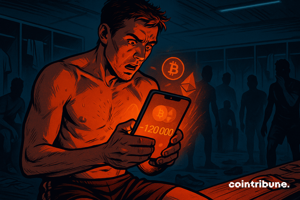 Un joueur de football jeune un smartphone dans ses deux mains. on y voit une interface d’application crypto stylisée à la manière d’un portefeuille de NFT.
