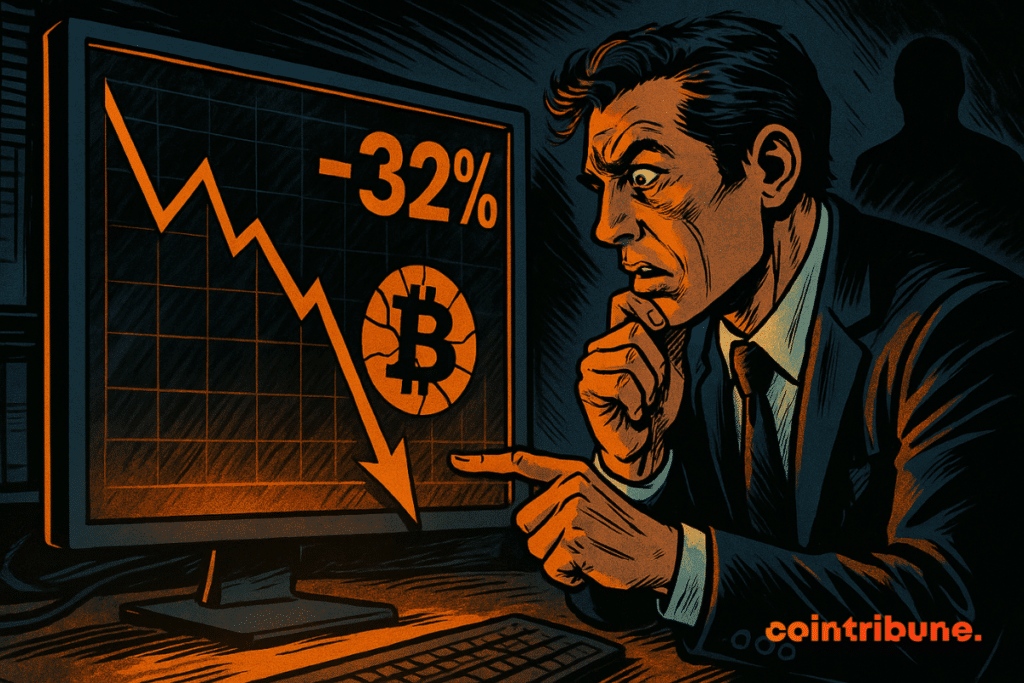 Um analista preocupado observa um gráfico de Bitcoin caindo 32%, com uma silhueta sinistra ao fundo, criando uma atmosfera tensa.