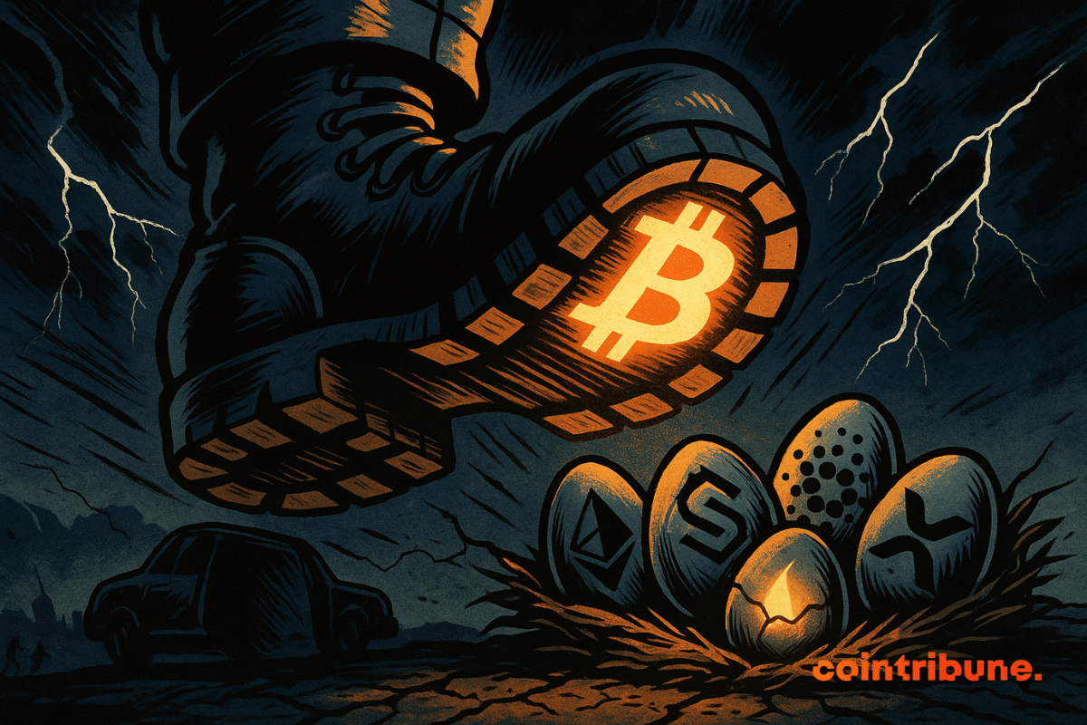 Logotipo do Bitcoin com chuteira esmagando ovos de altcoin
