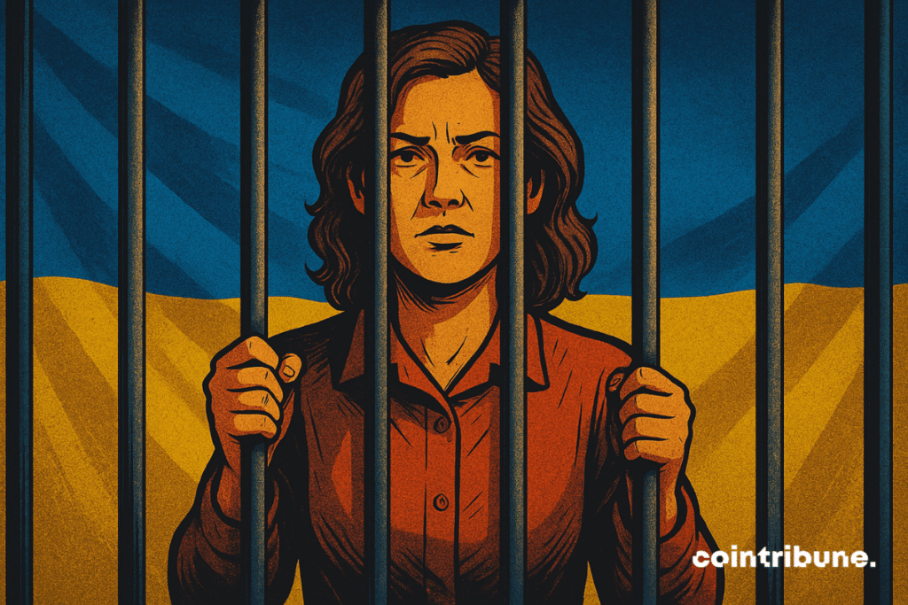 A woman behind prison bars stands defiantly, with the Ukrainian flag in the background—symbolizing a crypto scam linked to war funding.