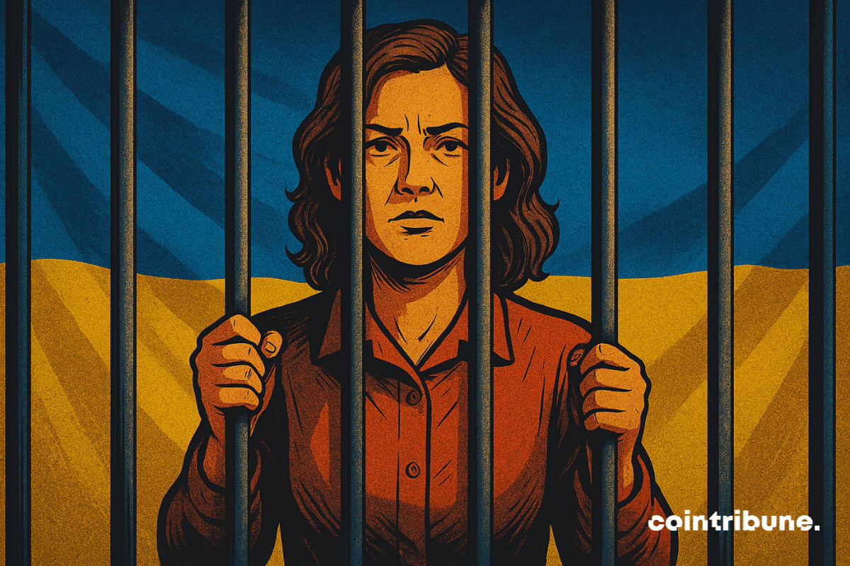 A woman behind prison bars stands defiantly, with the Ukrainian flag in the background—symbolizing a crypto scam linked to war funding.