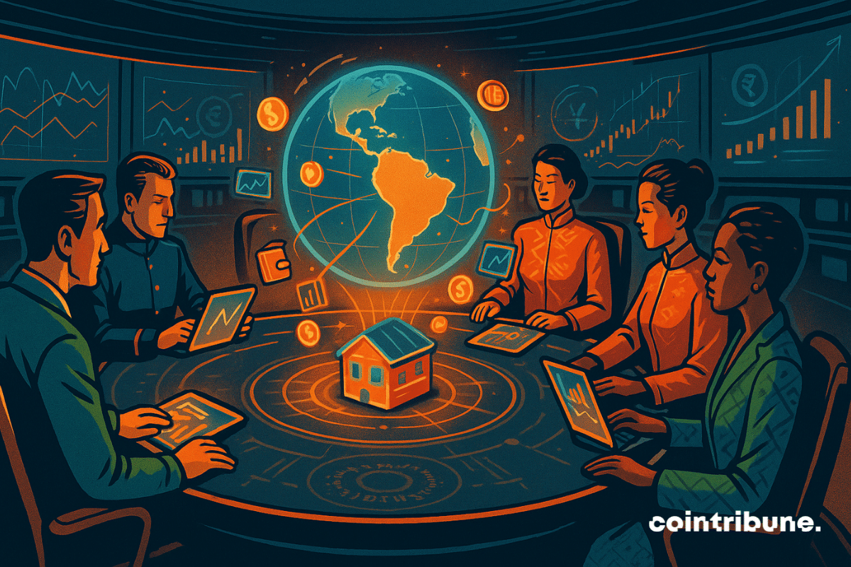 Cinco representantes dos BRICS estão sentados em frente a um tablet holográfico que projeta dados de investimento, simbolizando a plataforma lançada por Putin e Xi. Seus rostos estão iluminados pelo brilho do globo, destacando seu compromisso ativo.