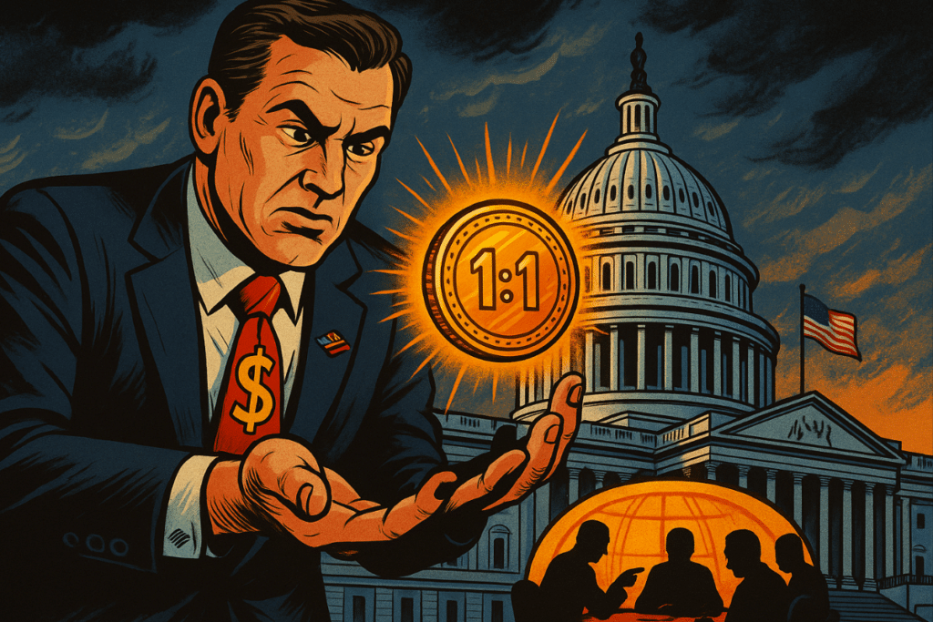 Businessman holding Stablecoin in front of U.S. Capitol.