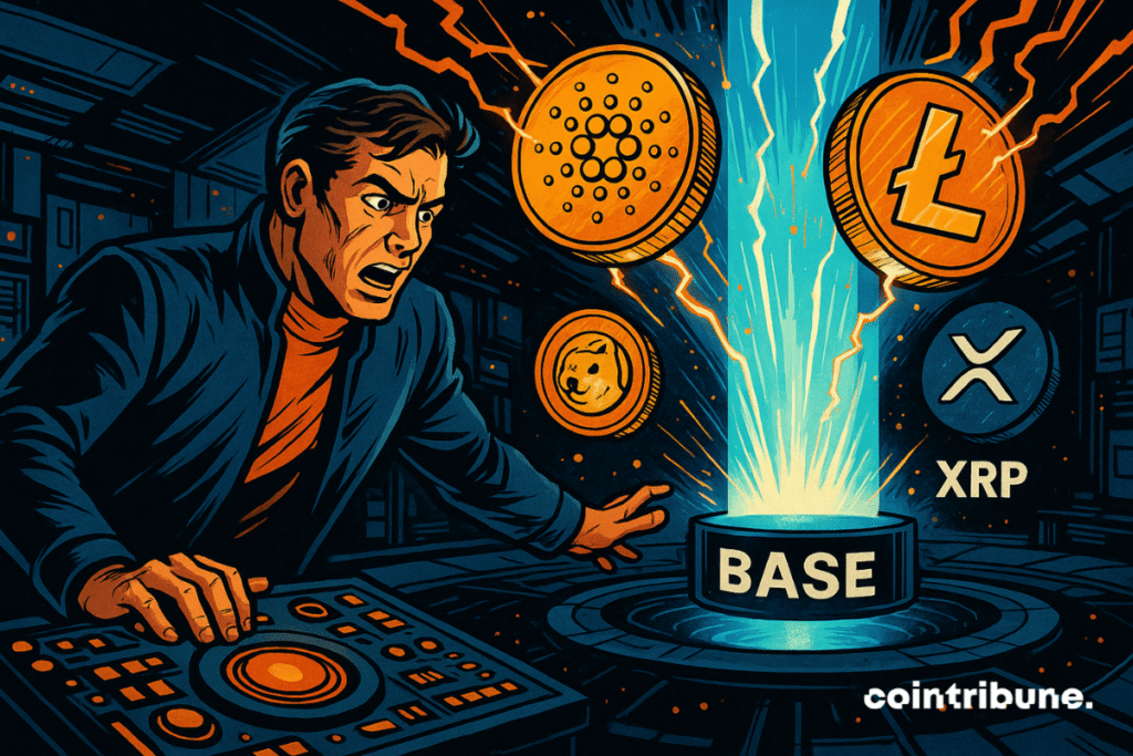 Un ingeniero activa una consola futurista a medida que las criptomonedas ADA y LTC se envían a la cadena de bloques Base