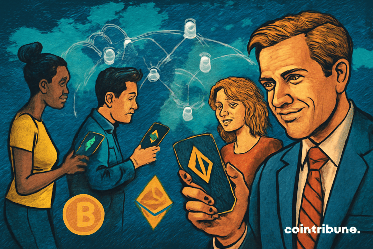 Investidores em criptomoedas em diferentes ambientes (Ásia, Europa, América), todos usando um aplicativo da Binance em seus dispositivos.