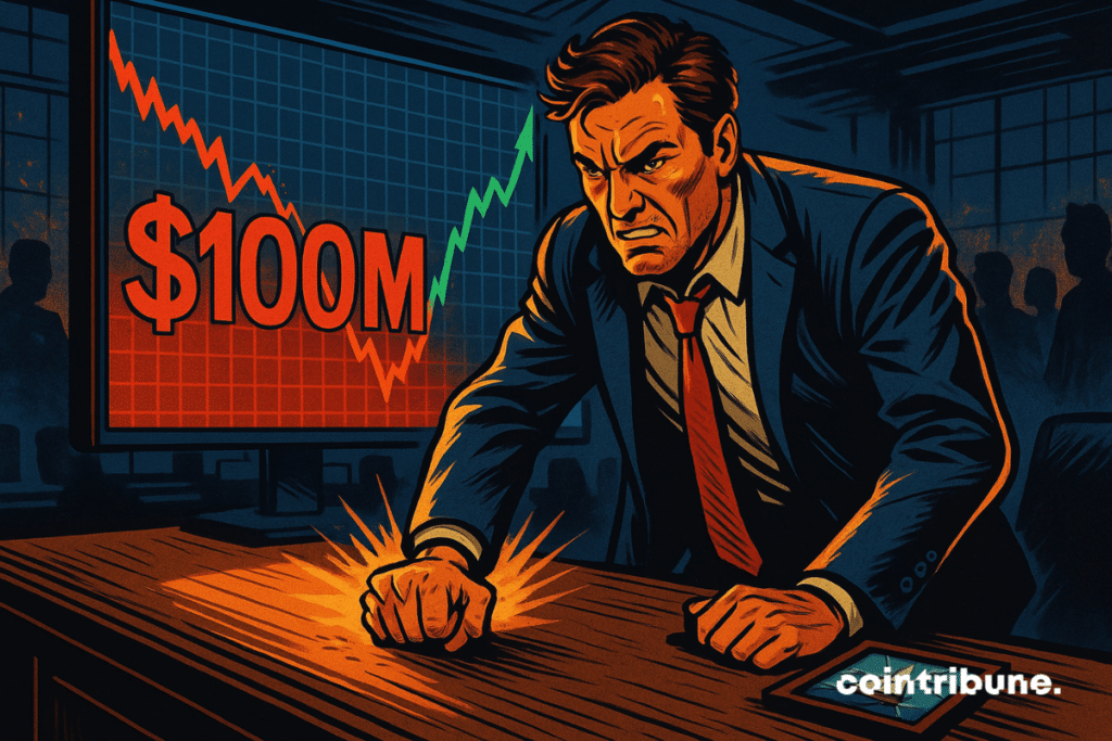 Ilustração de um trader de terno com o rosto tenso, diante de uma tela exibindo uma perda de 100 milhões de dólares.