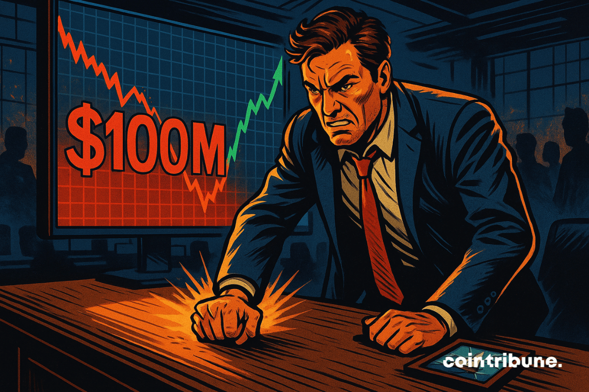 Ilustração de um trader de terno com o rosto tenso, diante de uma tela exibindo uma perda de 100 milhões de dólares.