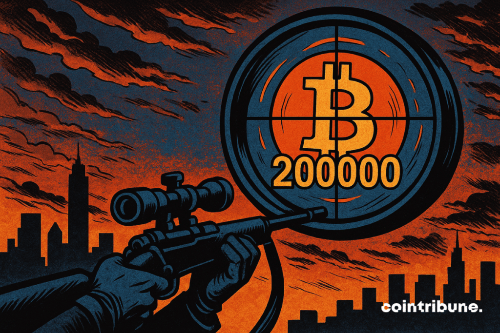 Un francotirador apunta con la mira de su rifle un enorme símbolo de Bitcoin marcado con "200,000", contra un cielo resplandeciente y un paisaje urbano oscuro. La imagen evoca la tensión y la precisión de un ambicioso objetivo financiero, al estilo de los cómics de los años 70, con intensos contrastes y un vibrante acento naranja.