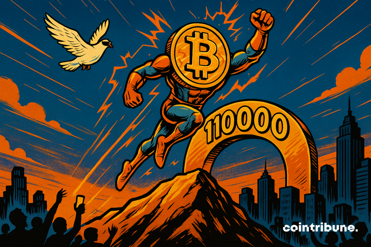O Bitcoin personificado como um super-herói meio robô, meio token dourado.