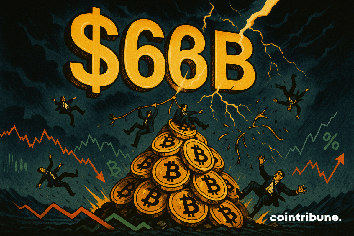 A imagem mostra um gigantesco “US$ 96 bilhões” dourado iluminando um céu tempestuoso acima de uma montanha instável de Bitcoins.
