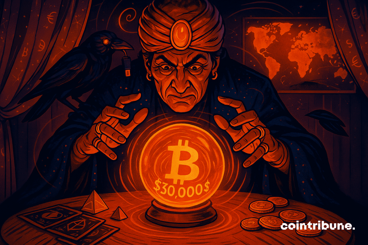 An eccentric seer gazes into a crystal ball glowing with a warm, orange inner light, in which the number "$330,000" appears clearly alongside a molten Bitcoin logo, like a mystical vision.