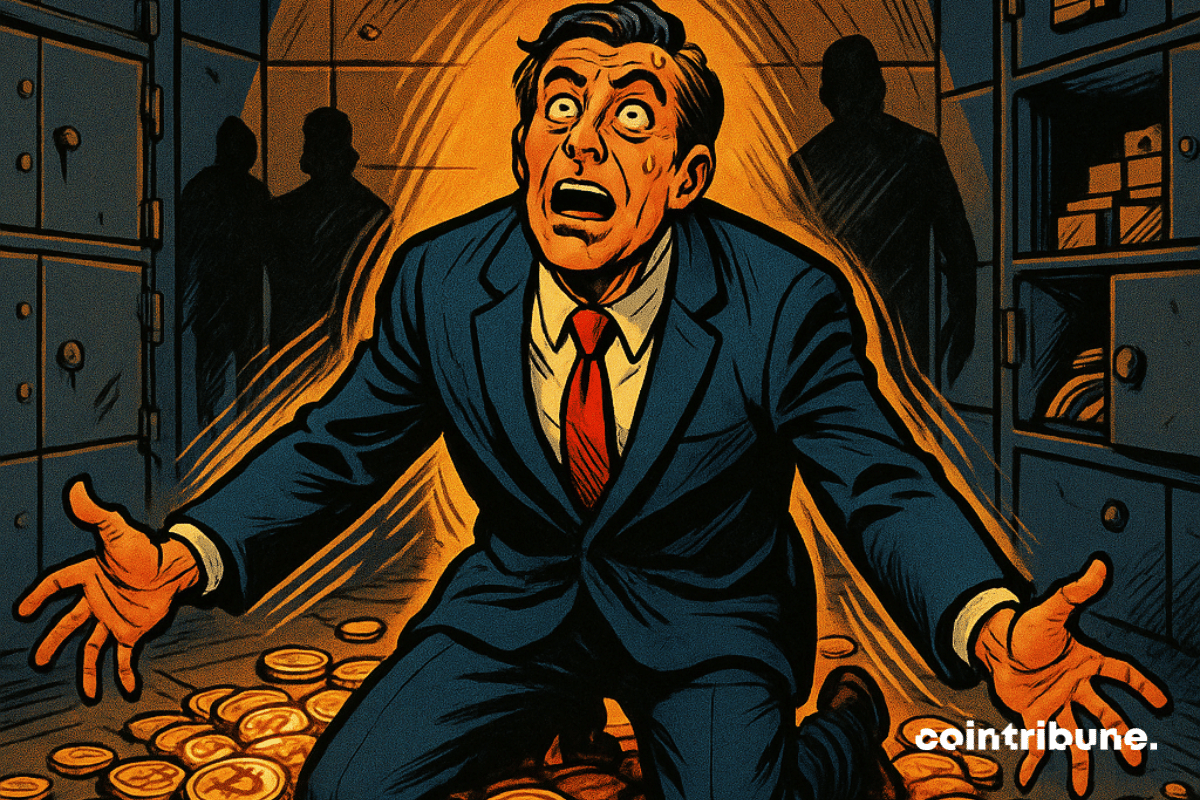 Ilustração de um homem de terno azul meia-noite ajoelhado no chão, no centro de uma pilha de moedas de ouro marcadas com o símbolo Bitcoin.