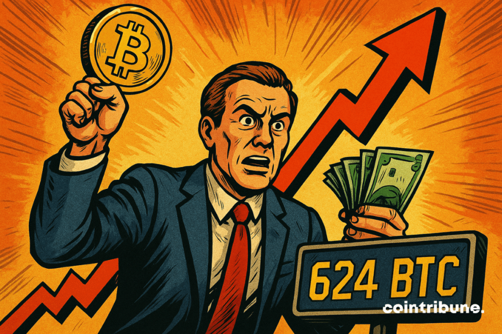 Ilustración de un hombre sosteniendo un bitcoin y fajos de billetes, debajo una flecha roja ascendente y el texto "624 BTC".