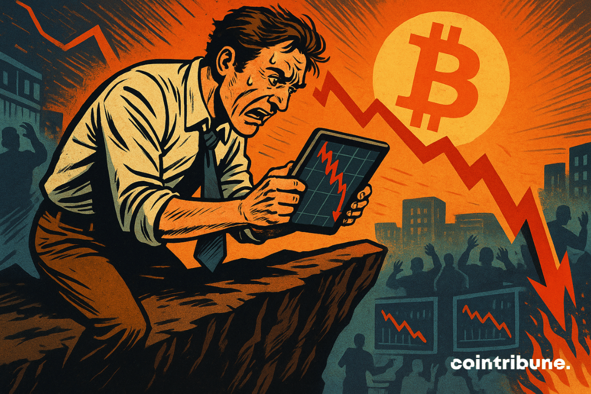 Ilustração de um trader estressado apostando na queda do Bitcoin