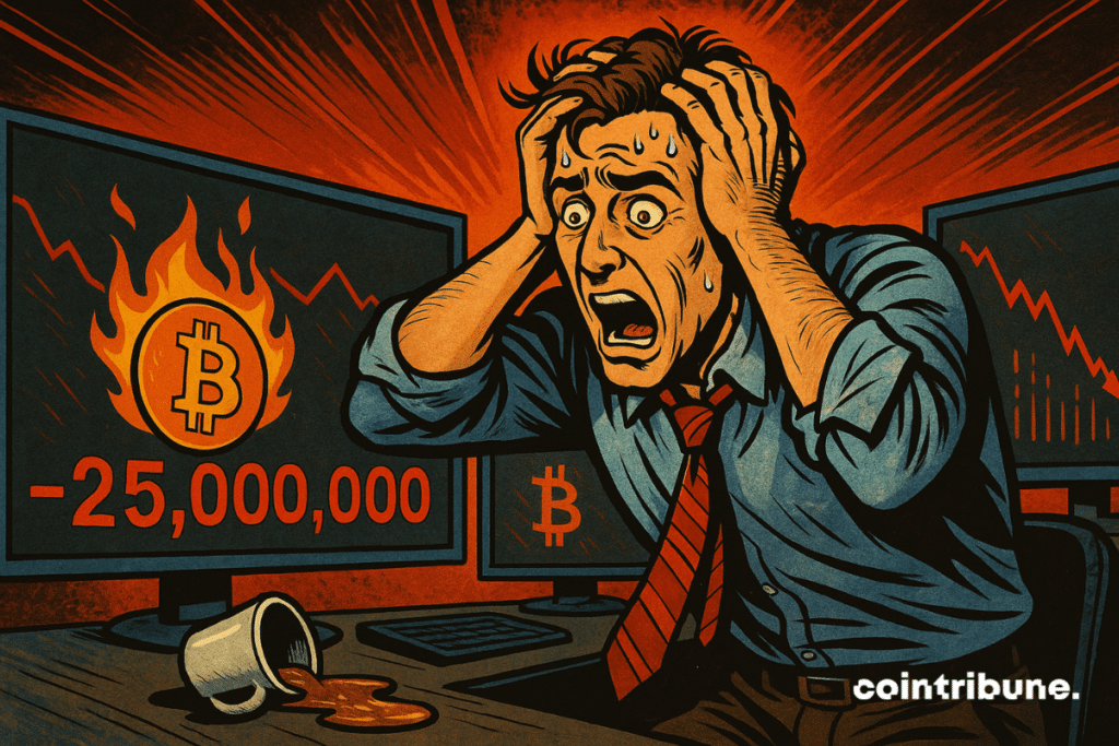 Ilustração de um trader em pânico segurando a cabeça entre as mãos em frente a três telas mostrando uma queda drástica nos preços do Bitcoin.