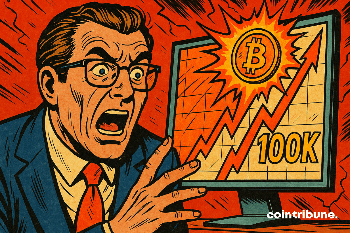 "Ilustração de um trader surpreso encarando uma tela onde um Bitcoin em chamas explode em '100K'."